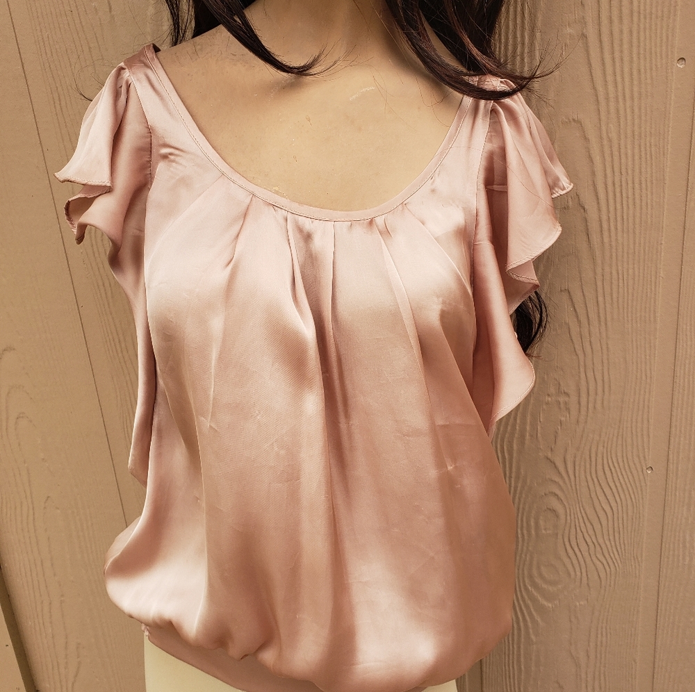 Champagne, tan ruffle blouse